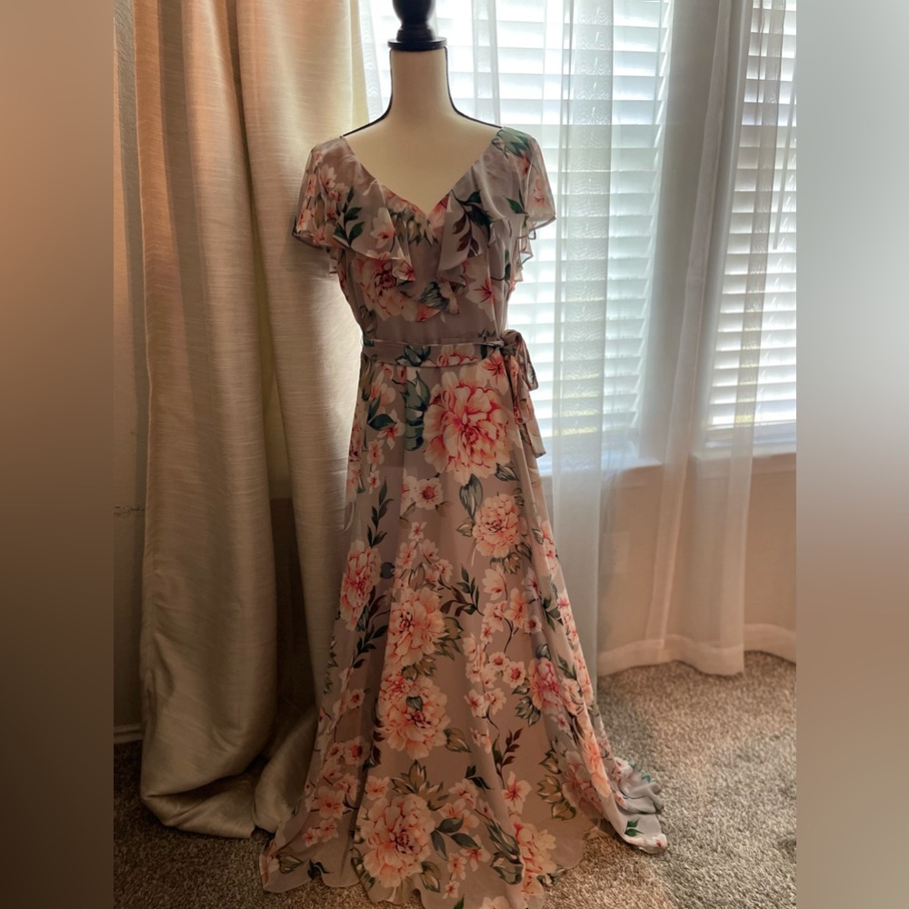 Eliza J V-Neck Sheer Lined Ruffle Tie Waist Floral Maxi Dress Size 14